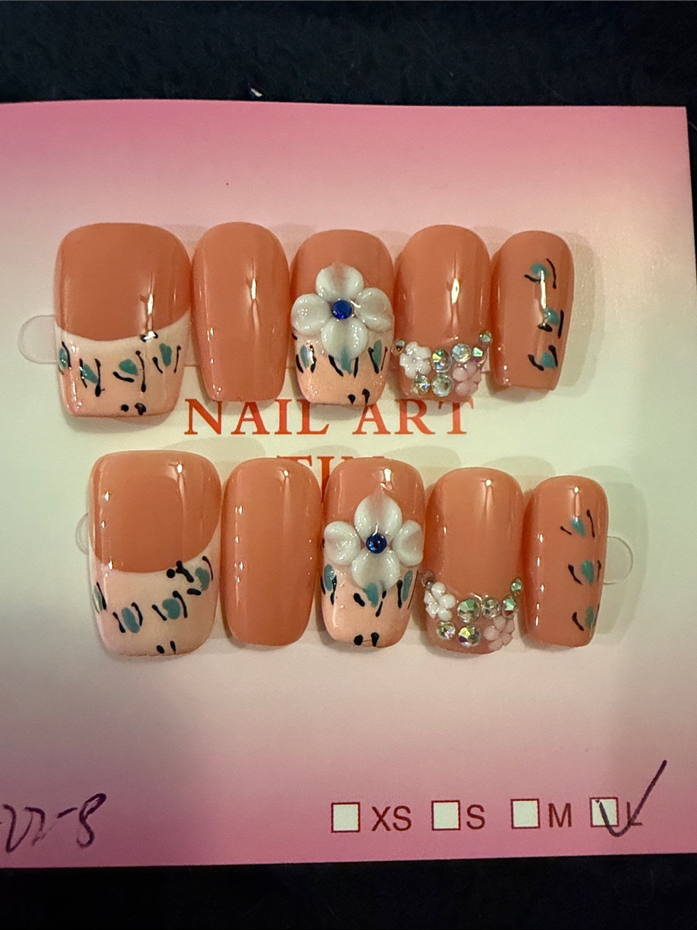 Peach leopard French tip 3D floral Rhinestone handmade acrylic Press-On Nails